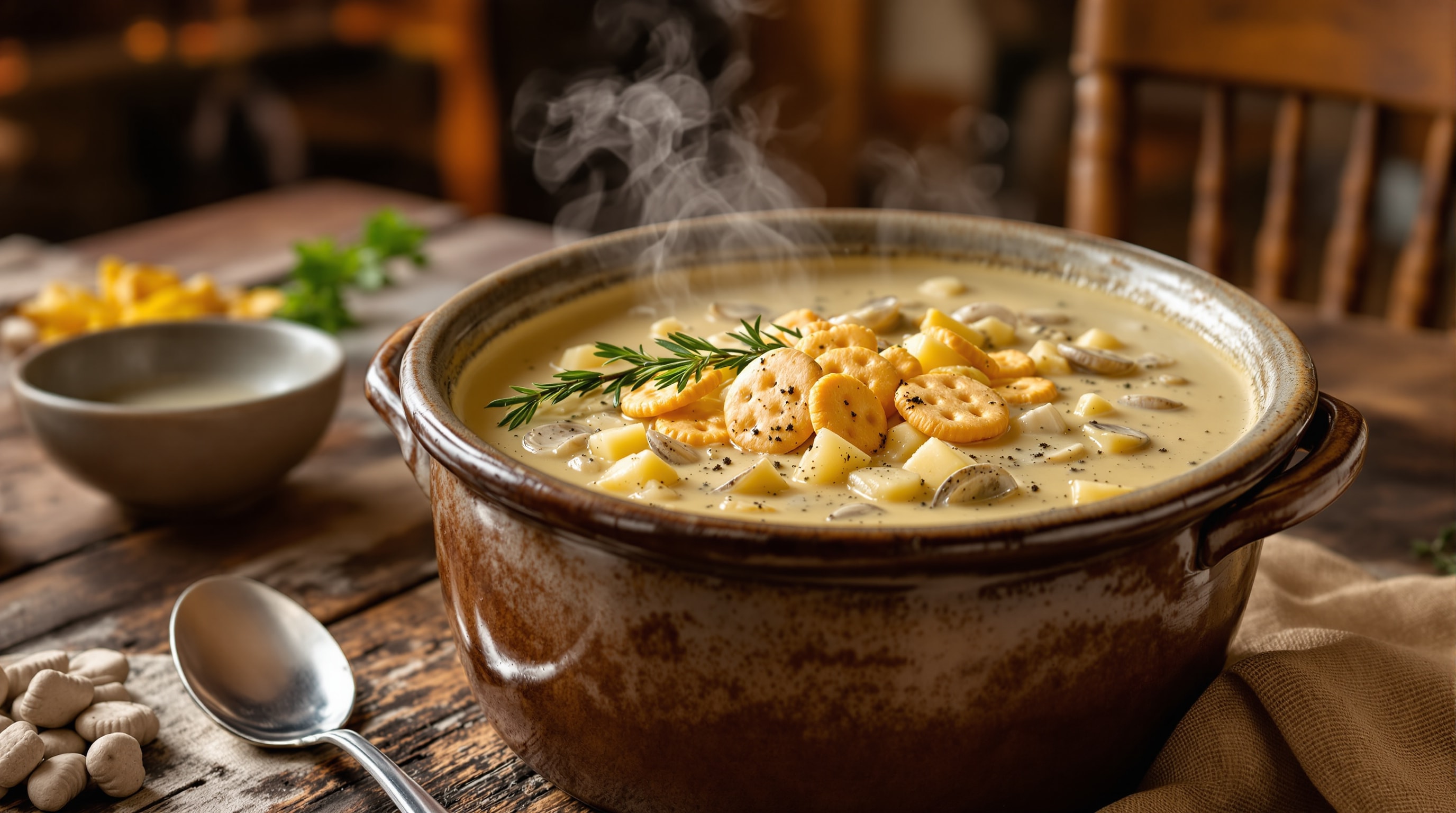 Creamy New England clam chowder with oyster crackers