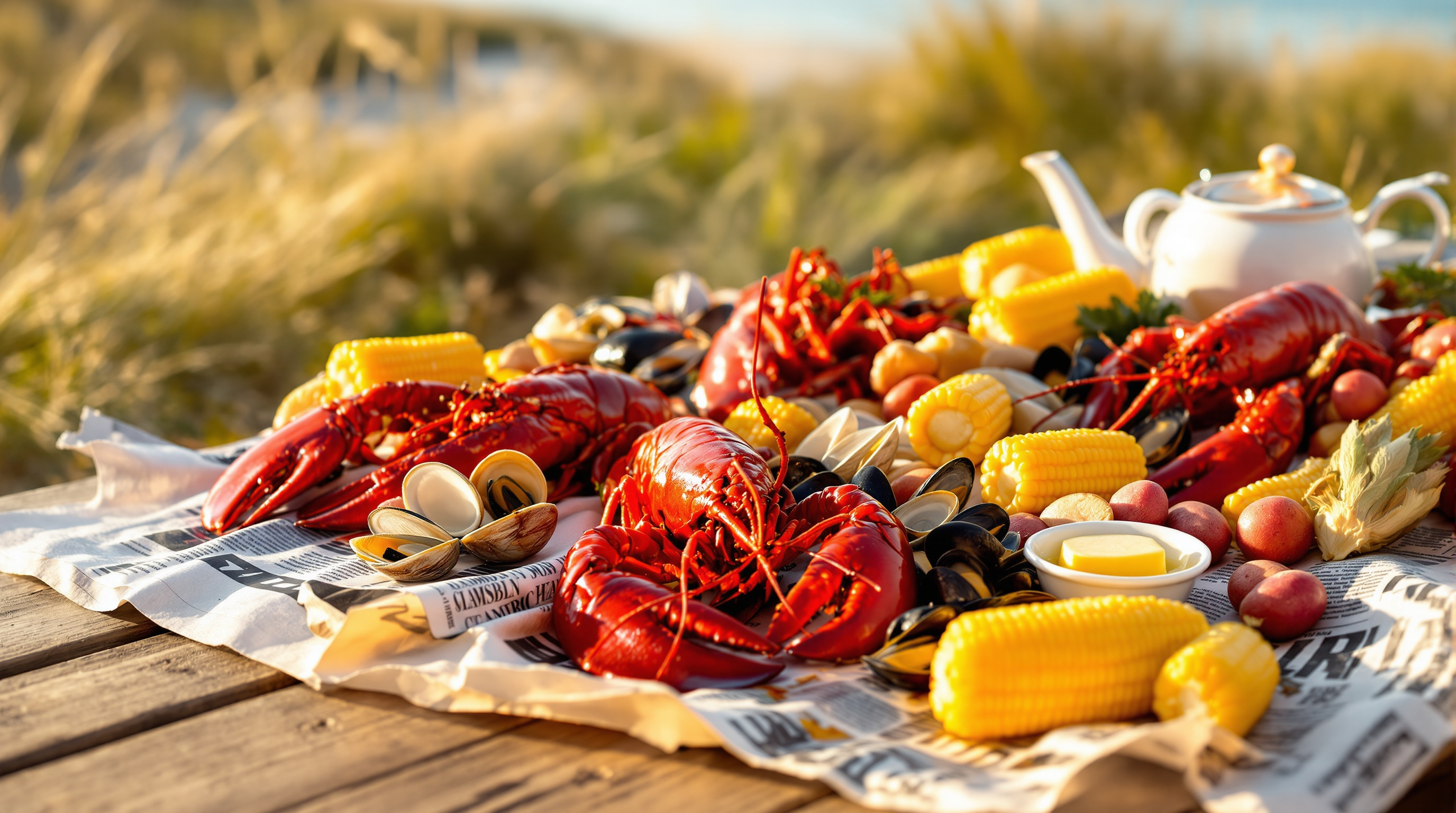 Traditional New England clambake with lobsters, steamers, corn and potatoes