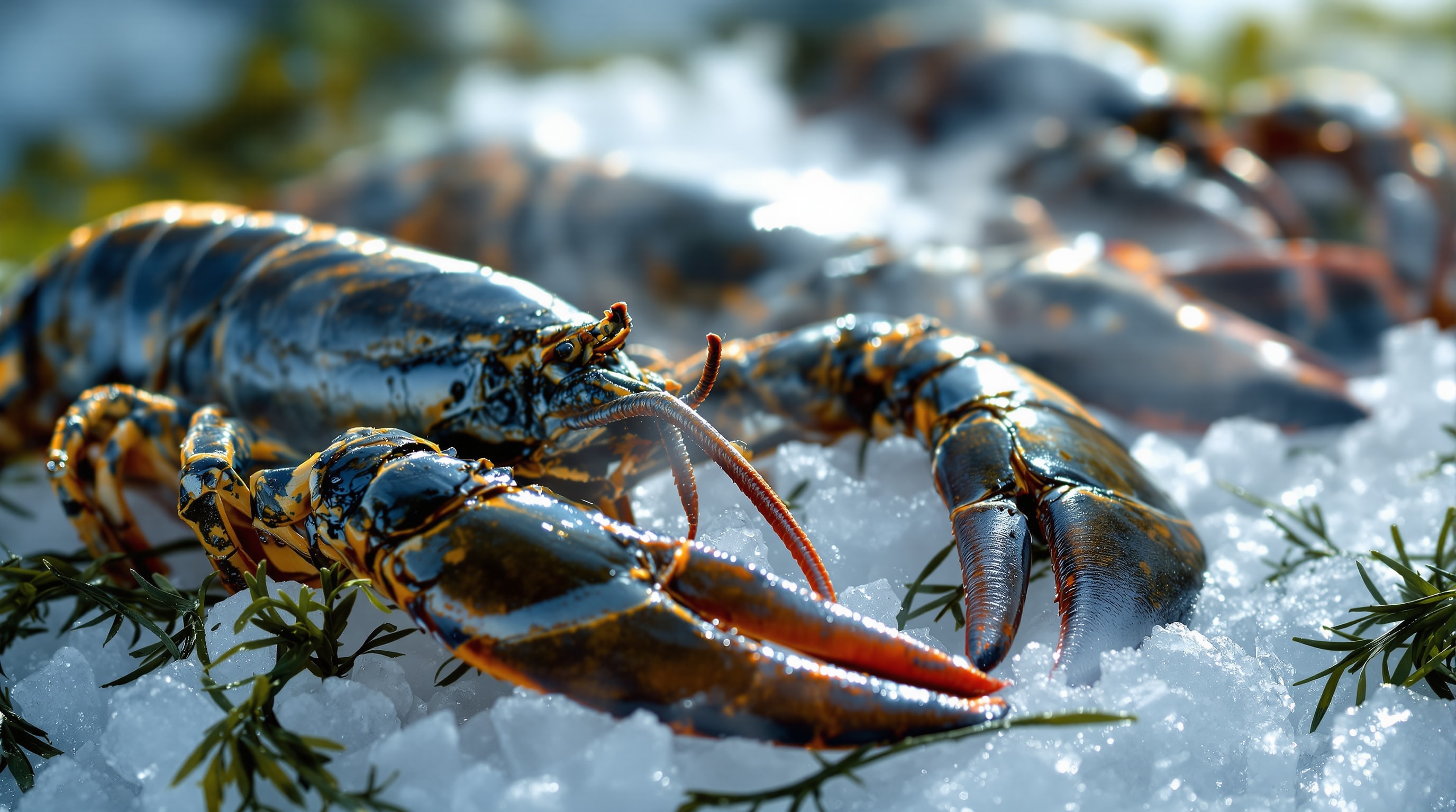 Live Maine lobsters on crushed ice with seaweed