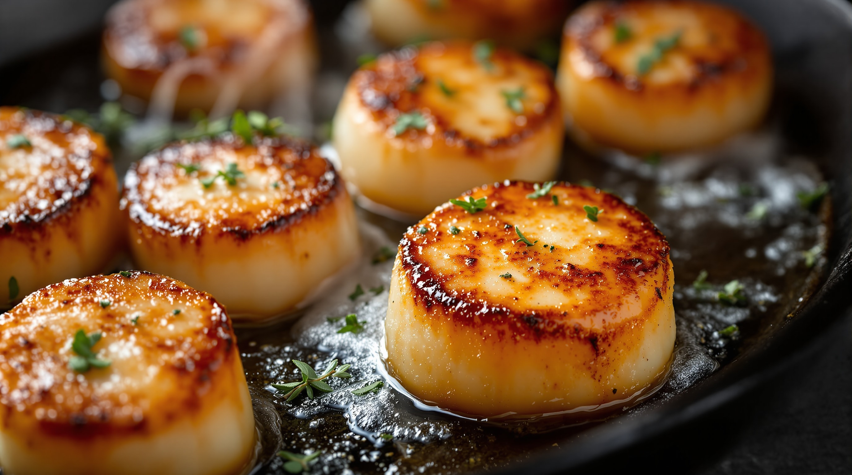 Seared sea scallops with golden crust in a cast iron pan