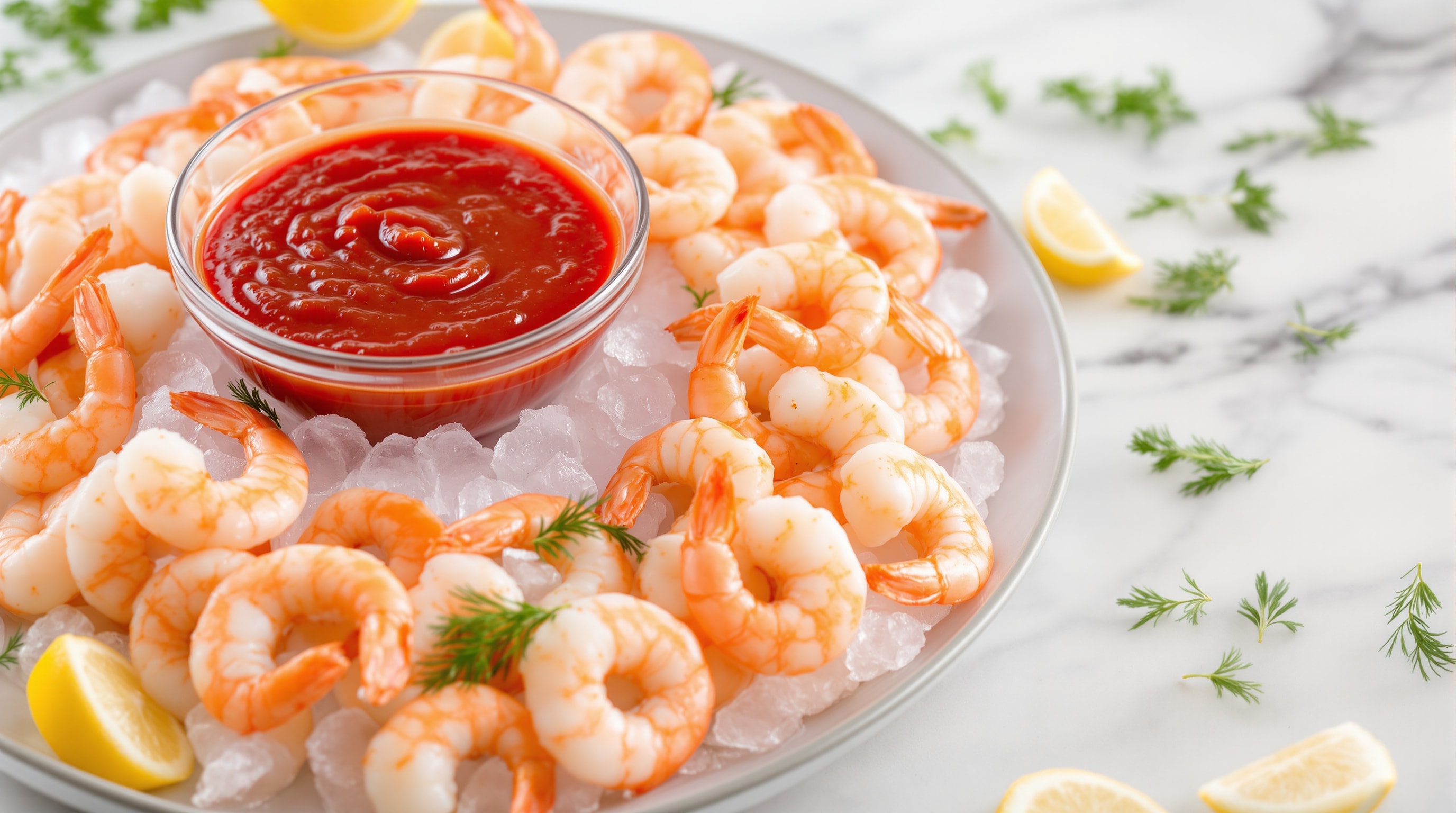 Jumbo shrimp cocktail platter with tangy cocktail sauce on ice
